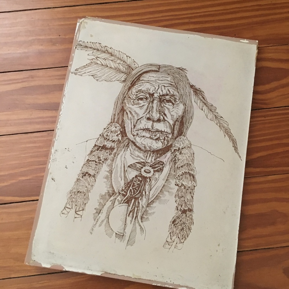 Vintage 70s Woodcut Printing Block Chief Crazy Horse Portrait Native Art